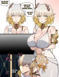 1boy 1girls 2025 absurd_res absurdres aglaea_(honkai:_star_rail) armlet blonde_hair breasts caelus_(honkai:_star_rail) chihel cleavage closed_eyes continuation_at_paywall dialogue female honkai:_star_rail honkai_(series) hoyoverse jewelry korean_text large_breasts male mihoyo netorare qos qos_tattoo queen_of_spades queen_of_spades_symbol queen_of_spades_tattoo sfw short_hair simple_background speech_bubble spying trailblazer_(honkai:_star_rail) translation_request white_dress