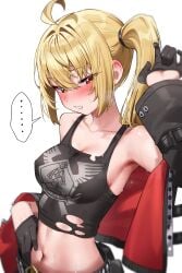 ... absurdres ahoge black_gloves black_jacket black_tank_top blonde_hair breasts collarbone female gloves green_tea_(matchaistasty) high_side_ponytail highres jacket luciana_de_montefio medium_breasts navel no_headwear off_shoulder parted_lips red_eyes shirt simple_background solo spoken_ellipsis stomach sweat tank_top torn_clothes torn_shirt upper_body white_background zenless_zone_zero
