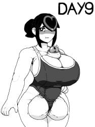 1futa aliasing autopaizuri balls balls_full_of_cum black_and_white black_eyes black_hair blush cleavage clothed clothing erection futa_only futanari gripping_balls heart_on_hair huge_balls huge_breasts huge_cock human intersex no_nut_november penis penis_between_breasts penis_expansion penis_poking_out smooth_balls smooth_penis swimsuit t-boy testicles workout_clothes yoganotorabaka yuuko_(t-boy)