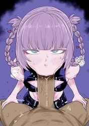 1girls :>= blue_eyes blush bob_cut braid braided_hair braided_twintails call_of_the_night clothed clothed_sex decensored edit faceless_male fellatio fellatio_pov female grabbing_legs highres kaiman_garupan looking_at_another looking_at_viewer male nanakusa_nazuna oral oral_sex penis pov pov_eye_contact pov_male purple_hair sex sucking sucking_penis tagme yofukashi_no_uta