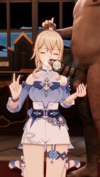 1boy 1girls alternate_costume big_balls big_breasts big_penis blonde_hair caressing_testicles censored closed_eyes clothed_female_nude_male dark-skinned_male female genshin_impact hairy_male high_heels huge_cock jean_gunnhildr jean_gunnhildr_(sea_breeze_dandelion) kneeling koikatsu male official_alternate_costume older_male penis_on_face ponytail ponytail_grab ponytail_hold ponytail_pull sandals sferret short_shorts smile stray_pubic_hair thick_thighs v