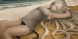 1girls ai_generated armpits arms_up beach breasts cerberus_(helltaker) closed_eyes clothing demon demon_girl dog_ears dog_girl female female_only helltaker long_hair lying outdoors small_breasts solo tank_top white_hair