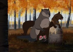 absurd_res animal_genitalia autumn balls beaver beaver_tail bitterstrawberries bodily_fluids brown_body brown_fur cloaca cum cum_in_ass cum_inside digital_media_(artwork) echo_(bitterstrawberries) ejaculation feral feral_on_feral feral_penetrated feral_penetrating fisher_(animal) fur genital_fluids genitals gulonine hi_res husq_(bitterstrawberries) male male/male mammal mustelid musteline outside outside_sex penetration rodent sex stump tongue tongue_out