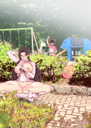 1boy ahoge areolae ass bangs black_hair blue_eyes blush breasts censored ear erect_nipples female glasses highres jewelry large_breasts long_hair looking_at_viewer male milf minamida_usuke mother mother_and_son nipples open_toe_shoes original parted_bangs pink_skirt pink_sweater plant public puffy_areolae ring shirt shirt_lift short_hair skirt skirt_lift slide slippers smile socks spread_legs squatting sweater swing swing_set takashi-kun_no_mama_to_kakurenbo_ecchi white_socks