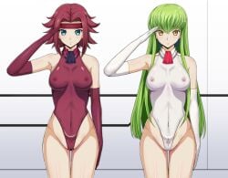 2girls blue_eyes bodysuit breasts c.c. code_geass daiaru duo female gloves green_hair kallen_stadtfeld long_hair red_hair wide_hips yellow_eyes