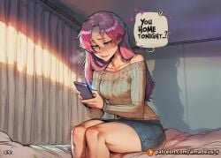 1girl ai_generated amadeus_v bedroom biting blue_eyes blush color comic day denim_skirt evening grey_walls hetero hi_res highres holding_phone indoors kawaii_dake_ja_nai_shikimori-san long_hair looking_down medium_breasts netorare night nipples on_bed open_mouth pink_hair restless sitting slim solo sweat sweater texting thighs uncensored window