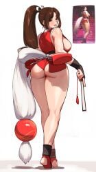 ass bare_shoulders breasts brown_eyes brown_hair fatal_fury female folding_fan game_screenshot_inset hand_fan high_ponytail highres japanese_clothes king_of_fighters large_breasts long_hair looking_at_viewer mai_shiranui monoi_daru ninja ponytail reference_inset revealing_clothes rope solo street_fighter street_fighter_6 thighs