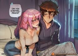 1boy 1girl ai_generated amadeus_v bedroom black_hoodie blue_eyes blush brown_eyes brown_hair close_together curious denim_skirt facing_another hesitant indoors kawaii_dake_ja_nai_shikimori-san leaning listening long_hair looking_at_another medium_breasts muscular night open_mouth pink_hair short_hair sitting slim spiky_hair straight sweater sweatpants tall toned window