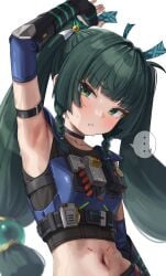... 1girls absurdres android arm_strap arm_up armpits black_choker black_gloves choker collarbone commentary_request crop_top detached_sleeves female fingerless_gloves gloves green_eyes green_hair green_tea_(matchaistasty) hair_ornament highres looking_at_viewer navel outside_border qingyi_(zenless_zone_zero) simple_background sleeveless solo spoken_ellipsis stomach sweat twintails upper_body white_background zenless_zone_zero