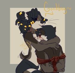 1 arms_around_partner arms_behind_back arms_tied arms_tied_behind_back bara bondage breast_squish cowgirl_position face_in_breasts feeling_pleasured makeup original original_character otter rope_bondage sitting_on_person straddling submissive_male tedinsfw thetheosaur