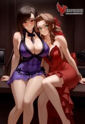 2d 2girls aerith_gainsborough ai_generated ass barefoot big_ass big_breasts blush bra couch dress erophoenix feet female female_focus final_fantasy final_fantasy_vii final_fantasy_vii_rebirth final_fantasy_vii_remake indoors jewelry large_breasts long_hair multiple_girls naked navel panties patreon_username purple_bra purple_panties red_bra red_eyes red_panties sitting small_breasts smile soles sweat sweating thick_thighs thighs tifa_lockhart underwear yuri yuri