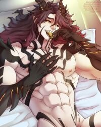4:5 abs barely_visible_genitalia barely_visible_penis black_hair black_horn black_markings black_sclera black_tongue demireality ear_piercing front_view gauged_ear genitals gradient_hair hair hi_res horn humanoid looking_at_viewer lying male markings multicolored_eyes multicolored_tongue muscular muscular_humanoid muscular_male navel nipples nude on_back open_mouth orange_eyes pecs penis penis_base piercing red_hair sharp_teeth solo tan_body tan_skin teeth tongue tongue_out two_tone_eyes two_tone_tongue yellow_eyes yellow_tongue