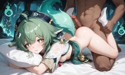 ai_generated biting_clothes dark_skinned_male excessive_cum heart-shaped_pupils hotdogging huohuo_(honkai:_star_rail) massive_cock massive_penis rubbing_penis_on_pussy size_difference small_breasts