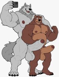 5_fingers absurd_res anthro balls bear biceps big_balls big_muscles big_penis bodily_fluids brown_bear brown_body brown_eyes brown_fur canid canine canis cellphone claws duo electronics erection fangs fingers fluffy fluffy_tail foreskin fur genitals grey_body grey_fur grizzly_bear happy hi_res hug huge_cock huge_muscles humanoid_genitalia humanoid_penis looking_at_another looking_at_viewer male male/male mammal musclegut muscular muscular_anthro muscular_male nipples nude open_mouth pecs penis phone photo short_tail simple_background size_difference smile sweat sweatdrop tail teeth text tongue ursine vein wolf worried xyandrith yellow_eyes