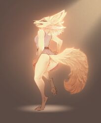 4_ears anthro anus black_nose bottomwear breasts clothed clothing clothing_lift discreet_user dress female fur fyre_fox genitals gloves_(marking) glowing glowing_body glowing_fur grin hi_res leg_markings looking_at_viewer looking_back looking_back_at_viewer mammal markings multi_ear mylar_(discreet_user) pussy skirt skirt_lift smile socks_(marking) solo tail yellow_body yellow_fur