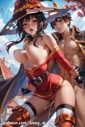 1boy 1girls ai_generated alternate_breast_size artist_name bandaged_leg bandages bare_shoulders belt black_gloves black_hair blush breasts brown_hair cape cum cum_in_pussy day dress female fingerless_gloves gloves hat klexyai kono_subarashii_sekai_ni_shukufuku_wo! large_breasts male megumin nipples open_mouth outdoors patreon red_dress red_eyes sex sex_from_behind short_hair short_hair_with_long_locks straight thighhighs witch_hat
