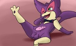 1boy animal_genitalia animal_penis anthro anthrofied anus bow_tie feet feline_penis furry green_eyes male male_only nintendo original_character oscar_the_purrloin paws penis pokémon_(species) pokemon pokemon_bw purrloin solo testicles video_games