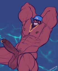 archie_(pokemon) armpit armpit_hair armpits balls bara beard big_balls big_penis boner darkbearcave erection facial_hair hands_behind_head headkerchief male male_only muscles muscular nintendo nude penis penis_piercing pokemon prince_albert_piercing team_aqua yaoi