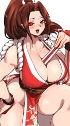 between_breasts breasts brown_hair cleavage fatal_fury female female_focus half-closed_eyes hand_fan hand_on_own_hip highres holding holding_fan king_of_fighters large_breasts legs lips long_hair mai_shiranui monoi_daru no_bra open_mouth pelvic_curtain ponytail red_eyes red_lips smile snk solo teeth thick_thighs thighs tongue wide_hips