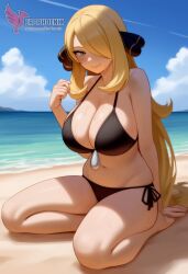 1girls 2d ai_generated ass barefeet beach big_ass big_breasts bikini blonde_hair breasts cynthia_(pokemon) erophoenix feet female female_focus full_body long_hair looking_at_viewer looking_back milf nintendo nude older_woman pale_skinned_female patreon_username pokemon pokemon_dppt smile soles solo solo_female sweat swimsuit thick thick_thighs toes uncensored voluptuous