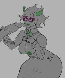 1boy 1girls blush breasts breasts_out clothed fangs female glasses green_lips green_nipples grey_background grey_hair grey_skin handjob hiveswap horns lynera_skalbi male ms_paint_adventures nipples partially_colored penis pov shirt shirt_lift short_hair skirt straight studentsmut thick_thighs troll wide_hips