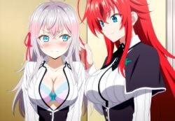 2girls ahoge ai_generated alisa_mikhailovna_kujou big_breasts blue_eyes blushing_female crimson_hair_female crossed_bangs crossover crossover_ship crossover_shipping demon_girl females_only hair_ribbon high_school_dxd huge_ahoge interspecies interspecies_yuri lesbians light-skinned_female long_hair_female looking_at_another loose_hair lovehuwu milky_white_skin red_ribbon rias_gremory russian_girl schoolgirl_uniform schoolgirls silver_hair_female sky_blue_eyes smile tokidoki_bosotto_russian_de_dereru_tonari_no_alya-san very_long_hair_female yuri