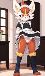 1girls 2025 ai_generated anthro bottomless bottomless_female cinderace confused digitigrade dress_lift female female_only generation_8_pokemon hi_res indoors innie_pussy maid_uniform nintendo no_panties orange_eyes orange_fur pokemon pokemon_(species) pussy rabbit white_fur