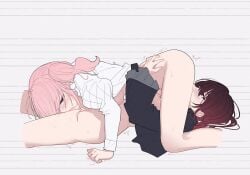 2girls 69 ^^^ blue_eyes blush bottomless breasts brown_hair chinese_commentary commentary_request cropped_legs cunnilingus frilled_sleeves frills from_side girls_band_cry half-closed_eye highres hina_(girls_band_cry) iseri_nina juliet_sleeves large_breasts long_hair long_sleeves lying multiple_girls on_back oral pink_hair puffy_sleeves purple_eyes shirt sweat trembling white_shirt yun_cao_bing yuri