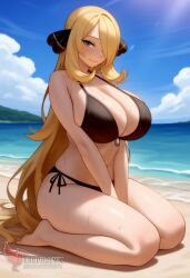 1girls 2d ai_generated ass barefeet beach big_ass big_breasts bikini blonde_hair breasts cynthia_(pokemon) erophoenix feet female female_focus full_body long_hair looking_at_viewer looking_back milf nintendo nude older_woman pale_skinned_female patreon_username pokemon pokemon_dppt smile soles solo solo_female sweat swimsuit thick thick_thighs toes uncensored voluptuous