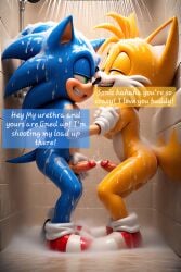 ai_generated comic comic_page erect_penis jerking_off penises_out shower_sex showering showering_together sonic_the_hedgehog tails tails_the_fox touching_penis