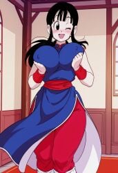 1girls aindroidparanoid big_breasts chichi dragon_ball dragon_ball_z squeezing_breasts_together younger_female