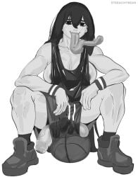 1futa baggy_clothing ball_peek balls balls_under_clothes barely_contained basket basketball_shorts basketball_uniform big_balls big_breasts big_penis black_eyes black_hair bulge bulge_down_leg clothed clothed_female clothes clothing fit fit_futa fit_futanari footwear front_view futa_only futanari huge_cock human intersex large_balls large_breasts large_penis legs_apart light-skinned_futa light-skinned_futanari light_skin long_hair long_tongue looking_at_viewer loose_clothes monochrome mostly_clothed my_hero_academia no_underwear penis penis_through_leghole penis_under_clothes shoes shorts simple_background sketch smile smiling smiling_at_viewer solo sports_bra streachybear tongue tongue_out tsuyu_asui uncircumcised uncircumcised_penis wardrobe_malfunction white_background wristband