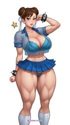 1girls abs ai_generated ai_loverhoney asian asian_female big_breasts bra brown_eyes brown_hair capcom chun-li cleavage curvaceous curvy_female earrings female female_only hourglass_figure large_breasts light-skinned_female light_skin looking_at_viewer microskirt miniskirt muscular_arms muscular_female muscular_thighs see-through_clothing simple_background standing street_fighter thick thick_thighs thunder_thighs voluptuous voluptuous_female wide_hips