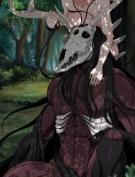 absurd_res american_mythology anthro antlers black_body black_fur breasts brown_body brown_fur detailed_background duo faceless_character faceless_female fangs female female_on_anthro fur hair hi_res horn human human_on_anthro indigenous_north_american_mythology interspecies male male/female male_focus mammal monster multicolored_body multicolored_fur muscular muscular_male mythology north_american_mythology nude project-taofm scar standing tail teeth teratophilia thick_thighs tongue two_tone_body two_tone_fur wendigo