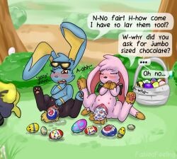 2019 artist_name basket black_body blue_body blush bodily_fluids bow_collar brown_eyes brown_markings closed_eyes clothing clothing_aside colored container dialogue duo easter easter_bunny easter_egg egg egg_from_pussy english_text eyewear female feral front_view generation_4_pokemon genital_fluids genitals gloves_(marking) grass hand_to_mouth handpaw holidays hybrid jaki-kun_(character) lagomorph leg_markings leporid lohli_(lohlite) lohlite looking_down_at_self looking_pleasured mammal markings mostly_nude nintendo one_eye_closed outside oviposition pants_(marking) paws pink_body plant pokemon pokemon_(species) pussy rabbit saliva semi-anthro shinx shrub sitting sitting_on_ground socks_(marking) speech_bubble spread_legs spreading story story_in_description sunglasses teeth text tree vaginal_fluids yellow_markings