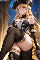 1girls ai_generated big_breasts blonde_hair blue_eyes clothed clothing corset earrings female female_only from_below genshin_impact hat long_hair looking_away navia_(genshin_impact) patreon salupai sitting solo solo_female thick_thighs uncensored watermark