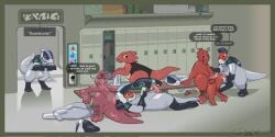6+boys 6boys alien dinosaur disney dyyrlysh gay genitals group hazmat_suit hi_res lilo_and_stitch locker_bench locker_room male male/male penis prehistoric_species reptile scalie semi-anthro tapering_penis united_galactic_federation_trooper