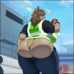 2025 ass big_ass big_breasts breasts brown_fur brown_hair female female_only fingerless_gloves gloves greasymojo laura_(lluxuriouslaura) original original_character outdoors pants pants_down safety_vest short_hair thick_thighs thighs vest