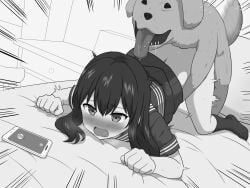 1boy 1girls animal_ears bed bedroom blush canid canine cellphone clothed_sex doggy_style domestic_dog female feral interspecies long_hair looking_at_viewer male male/female monochrome on_bed open_mouth original penetration phone saliva school_uniform schoolgirl sex sex_from_behind tongue tongue_out top-down_bottom-up vaginal vaginal_insertion vaginal_penetration vaginal_sex zoophilia