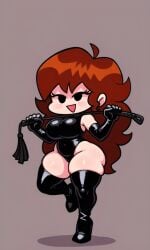 1girl :d ai_generated auburn_hair big_ass big_breasts black_eyes busty clothed curvy demon_girl dumb_girl female friday_night_funkin girlfriend girlfriend_(friday_night_funkin) latex_clothing latex_gloves latex_leotard latex_thighhigh_boots long_hair messy_hair pixai shortstack simple_shading solo thick_ass thick_thighs whip
