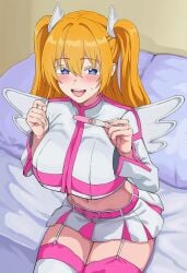 2.5_jigen_no_ririsa :d ai_generated amano_ririsa bed bed_sheet blue_eyes blush cosplay female garter_straps hair_ornament happy indoors liliel_(cosplay) long_sleeves looking_at_viewer midriff on_back pregnancy_test pregnant presenting room sitting skirt solo thick_thighs thighhighs thighs twintails waroffree