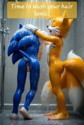ai_generated best_friends comic comic_page feet gay laughing nude playful showering_together sonic_the_hedgehog tails tails_the_fox toes washing_another washing_hair