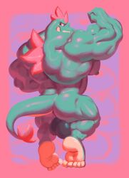 absurd_res alligator alligatorid anthro ass back_muscles barazoku biceps big_biceps big_butt big_muscles blue_body bubble bubble_butt crocodilian fangs feet feraligatr forearm_muscles fur generation_2_pokemon hi_res huge_muscles looking_at_viewer male muscular muscular_anthro muscular_arms muscular_male nintendo nipples pink_background pink_body pink_fur pokemon pokemon_(species) pose purple_background reptile scalie simple_background solo tail tail_tuft tan_body teeth tuft vaniwall
