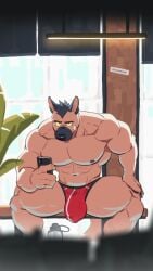 1boy anthro anthro_male big_bulge big_penis black_hair brown_body brown_fur bulge canyne_khai caught caught_in_the_act chilling dog filming flaccid flaccid_penis furry furry_male hand_on_thigh looking_at_viewer male_anthro muscular muscular_anthro muscular_male on_phone recording recording_video red_underwear solo solo_anthro solo_male twitter_username underwear underwear_only video watermark yellow_eyes