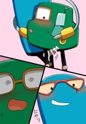aru_(pixiv) blue_body blush censored daisuke-san_g duo eyewear fushigi_daisuki fushigi_nii-san_k genitals glasses green_body grey_penis machine male male/male not_furry penis robot spiral_pupils