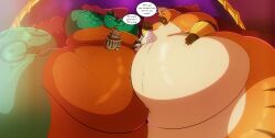 3boys arms_up bed belly_bigger_than_body belly_bigger_than_head belly_squish cake cherry chubby chubby_male dessert dialogue digital_drawing_(artwork) digital_media_(artwork) emperor fat fat_male furry furry_male gay gay_male green_eyes larger_male makuna_(robthehoopedchipmunk) male moobs moobs_bigger_than_head naga oazan_(robthehoopedchipmunk) obese obese_male purple_eyes robthehoopedchipmunk scalie scalie_male size_comparison size_difference smaller_male smothering smothering_belly squish squishing threesome two_tone_body wolf wolf_boy wolf_ears yellow_eyes