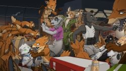 absurd_res anthro anthro_on_feral arctic_fox armor badger blue_eyes body_armor breasts canid canine clothing danger deer devouring_swarm dominant dominant_female female female/female feral fight fluffy fox fur genitals glowing glowing_eyes group gun hand_holding hi_res hivemind inanis_(species) male male/female mammal mustelid musteline open_mouth orange_body orange_fur pounce procyonid pussy raccoon ranged_weapon scared science_fiction sharp_teeth smile swarm swarmed teasing teeth the_tiny_hungering_vulpines_(spottea) timor true_fox uniform weapon