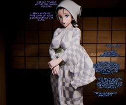 1girls 3d black_hair caption demon_slayer dialogue female kamado_kie kimono large_breasts looking_at_viewer mature mature_female mature_woman milf mother motherly_cuckold netorare ntr prostitution purple_eyes sic_phuck solo solo_female solo_focus