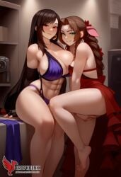 2d 2girls aerith_gainsborough ai_generated ass barefoot big_ass big_breasts blush bra couch dress erophoenix feet female female_focus final_fantasy final_fantasy_vii final_fantasy_vii_rebirth final_fantasy_vii_remake indoors jewelry large_breasts long_hair multiple_girls naked navel panties patreon_username purple_bra purple_panties red_bra red_eyes red_panties sitting small_breasts smile soles sweat sweating thick_thighs thighs tifa_lockhart underwear yuri yuri