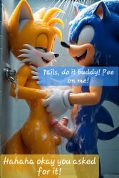 against_wall ai_generated comic comic_page erection penis penises_touching shower showering_together sonic_the_hedgehog tails tails_the_fox